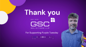 Image of Purple Tuesday Founder Mike Adams Thanking GSC Solicitors for sponsoring the charity.