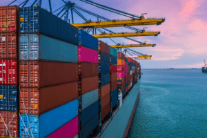 A cargo ship loaded with colorful shipping containers at a port with cranes overhead, symbolising global trade and the impact of US import tariffs on exports.