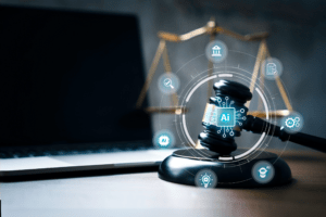 A judge's gavel with AI icons, symbolizing the intersection of AI and legal regulations, with a laptop and scales of justice in the background.